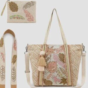 America & Beyond Medium BeadedTote w/ Bag Strap & Wristlet/Pouch - Natural Gold